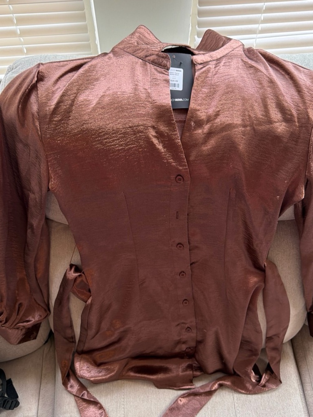 Fashion Nova Copper-Brown Satin Button Down Shirt